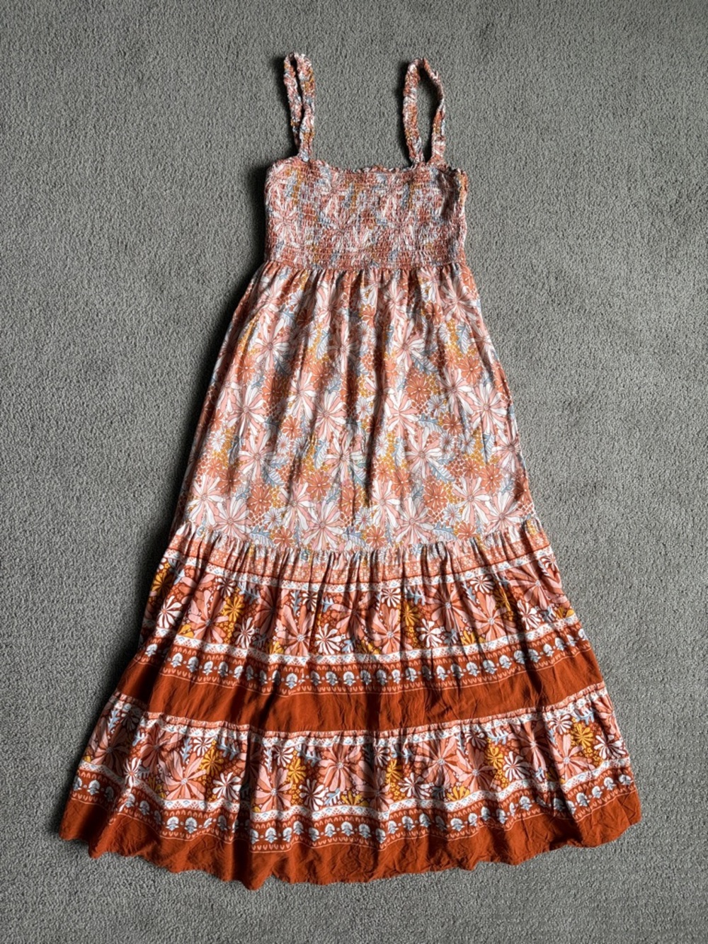 Floral Maxi Dress Smocked Tiered Boho Becool Mixed Print Rust Orange Pink 70s S